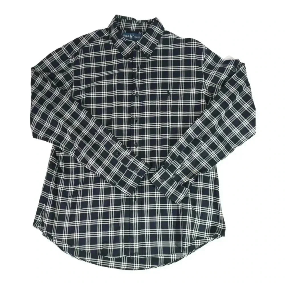 Ralph Lauren Black White Cotton Men's Size XL Custom Fit Plaid Button Up Shirt